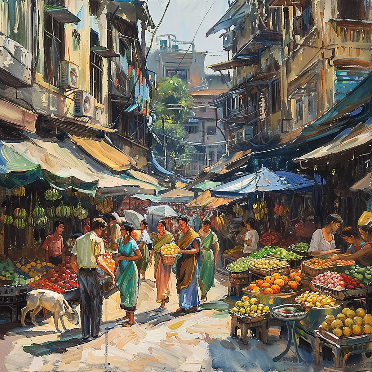 Impressionistic oil painting of a bustling South Asian street market with vendors and shoppers